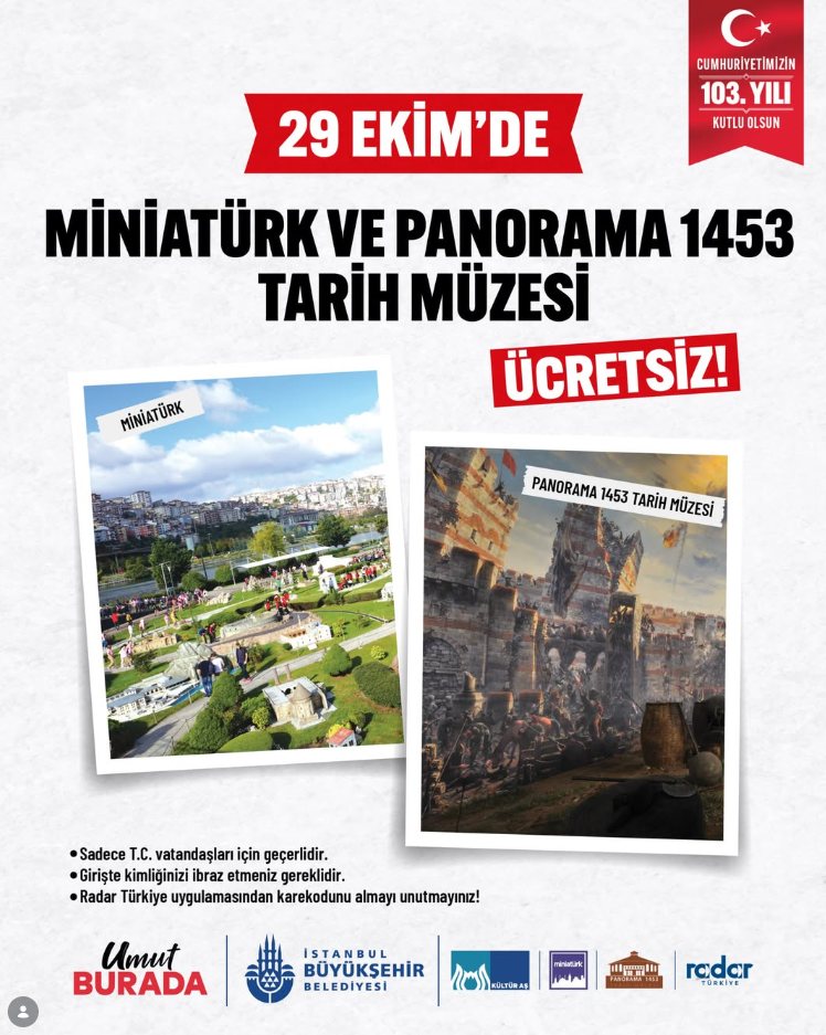 29 Ekim Cumhuriyet Bayramı’nda Miniatürk ve Panorama 1453 Tarih Müzesi Ücretsiz